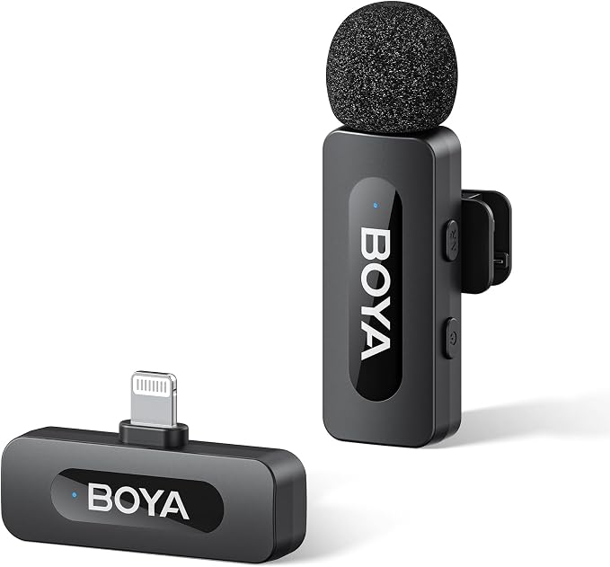 BOYA BY-V1 Wireless Microphones for iPhone iPad with MFi Certified Lightning Port, 328ft Range, 9H Battery Life, Noise Reduction Mini Mic Clip on Lapel Microphone Wireless for Video Recroding by BOYA