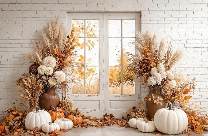 Kate Fall Photography Backdrops Autumn Harvest Pumpkin White Brick Wall Boho Theme Photography Props, 10x6.5ft - Image 2