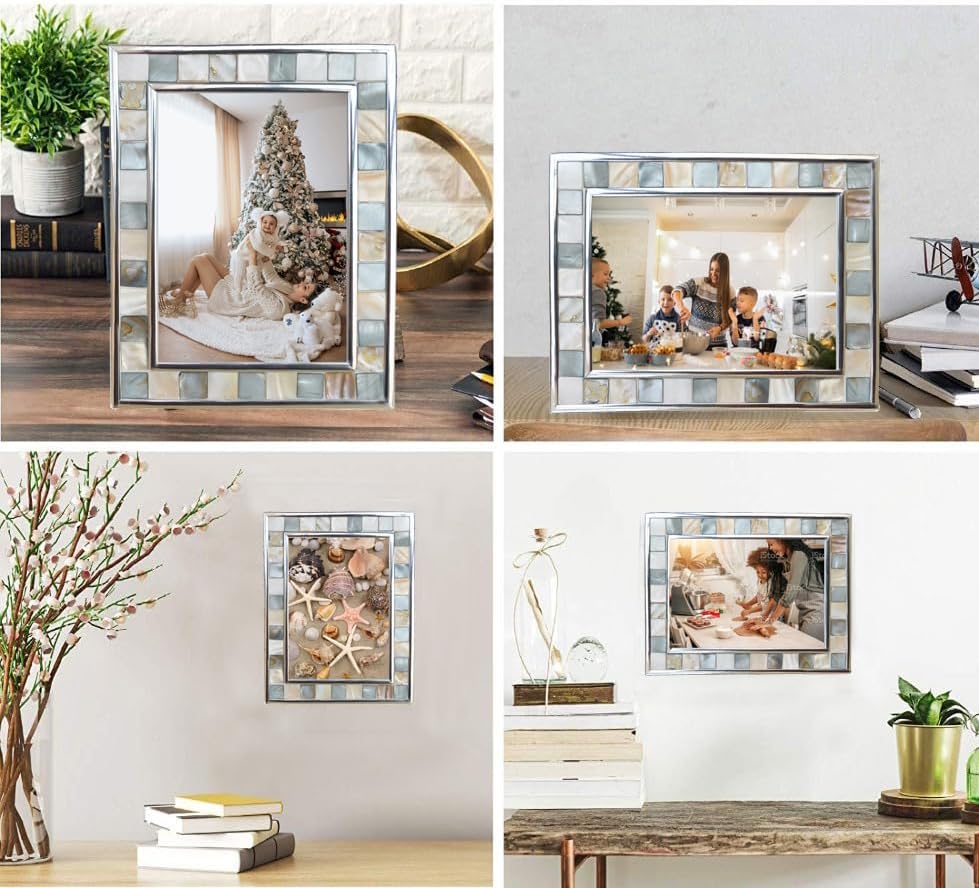 Silver Plate Picture Frame 4x6 Mother of Pearl 4 by 6 Photo Frame Mosaic Glass Tabletop Frame (Grey+ White,1pc) - Image 2