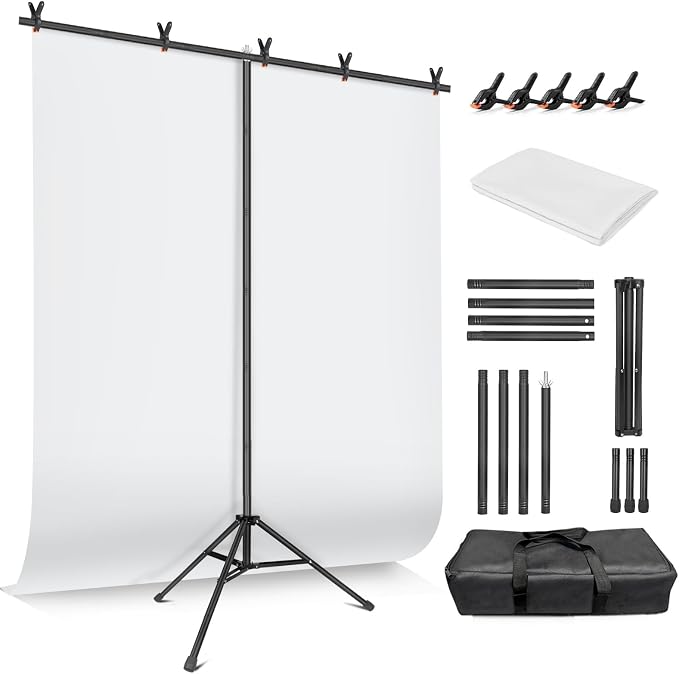 White Backdrop with Stand for Photoshoot, 5X6.5ft White Photo Backdrop with T Shape Background Backdrop Stand for Photography, Portable Photo Backdrop Curtain Stand Kit w Carrying Bag 5 Spring Clamps by JEBUTU
