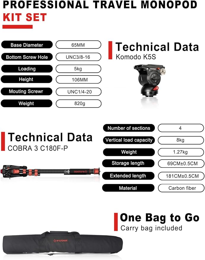 IFOOTAGE Cobra 3 C180F-P+K5S Carbon Fiber Video Monopod 71" | Fluid Head Travel Monopod Kit for Canon Nikon Sony Olympus Panasonic DSLR Camera, Payload 17.64lbs/8KG - Image 3