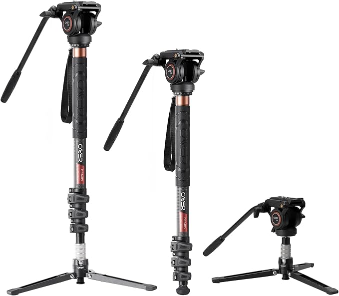 Cayer CF34 Carbon Fiber Monopod, 72" Fluid Head with Folding Base for DSLR | Carbon Fiber Monopod Kit, Fluid Head, Folding Support Base, 2 Quick Release Plates, Dual-Mode Compatible Mount by Cayer