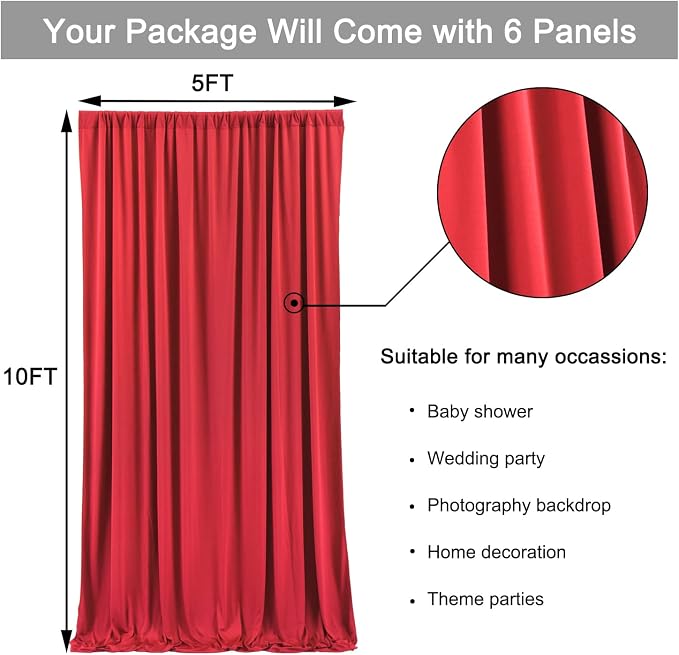 30ft x 10ft Wrinkle Free Red Backdrop Curtains for Parties, Polyester Photo Backdrop Drapes 6 Panels 5x10ft for Weddings Birthday Party Christmas Photography Background - Image 5