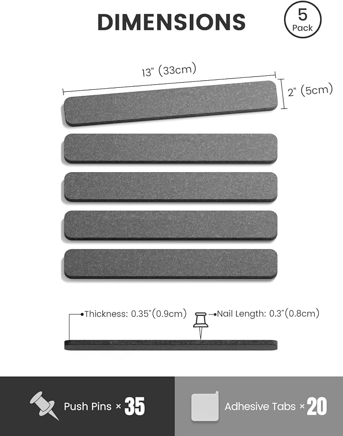 Fluxynara 13" x 2" Felt Wall Panels, Charcoal Gray | 5-Pack Includes 35 Push Pins and Adhesive Tabs for Photos, Notes and Decor in Bedroom Doors, Home Office or Studios - Image 2