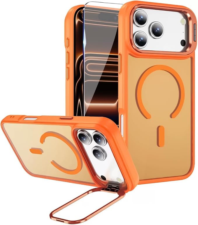 for iPhone 17 Pro Case,Magnetic iPhone 17Pro Phone Case with Screen Protector [Compatible with MagSafe] Built-in Stash Stand,Translucent Matte Shockproof Cover-Cosmic Orange by Unknown