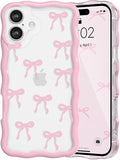 QLTYPRI for iPhone 16 Pink Bow Case, Clear Cute Pink Ribbon Bow Phone Case Curly Wavy Aesthetic Phone Cover, Soft Slim Transparent TPU Shockproof Protective Cover for Women Girls - Ribbon Bow by QLTYPRI