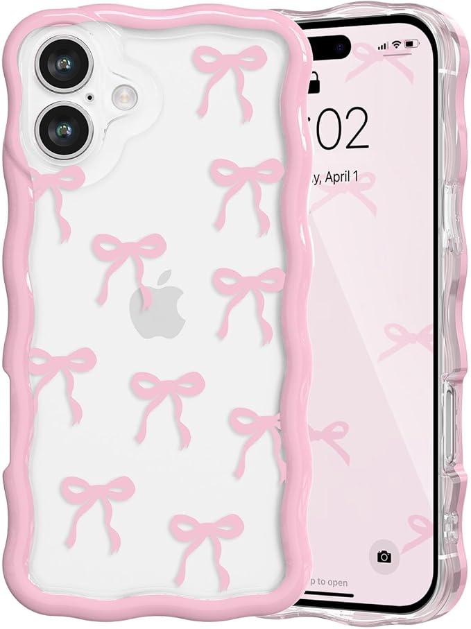 QLTYPRI for iPhone 16 Pink Bow Case, Clear Cute Pink Ribbon Bow Phone Case Curly Wavy Aesthetic Phone Cover, Soft Slim Transparent TPU Shockproof Protective Cover for Women Girls - Ribbon Bow by QLTYPRI