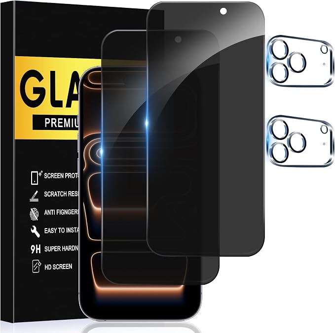 2+2 Pack Privacy Screen Protector for iPhone 17 Promax, 6.9 Inch | Camera Lens Protector, Tempered Full Screen Glass, Anti-Spy, Bubble Free, Case Friendly by AVOAR