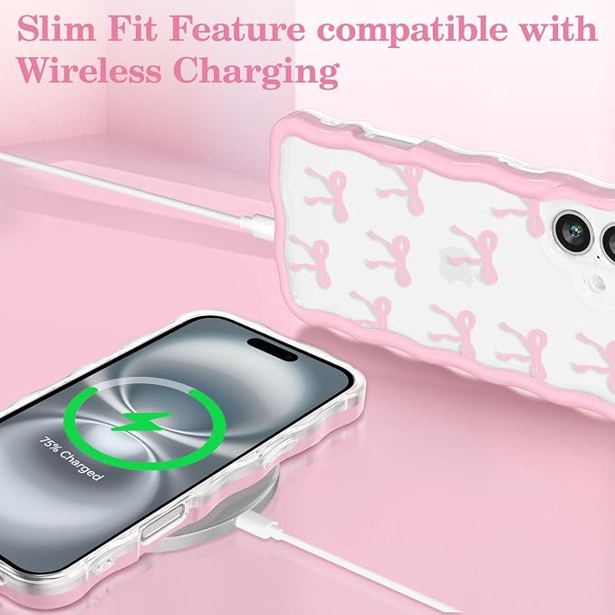 QLTYPRI for iPhone 16 Plus Pink Bow Case, Clear Cute Pink Ribbon Bow Phone Case Curly Wavy Aesthetic Phone Cover, Soft Slim Transparent TPU Shockproof Protective Cover for Women Girls - Ribbon Bow - Image 5