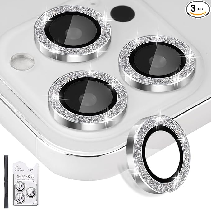 Camera Lens Protector for iPhone 16 Pro/16 Pro Max, Glitter Silver | Tempered Glass, Auto-align Tray, Easy Installation, Case Friendly, Anti-Scratch, HD Clear, Ultra Slim by Rayorcon