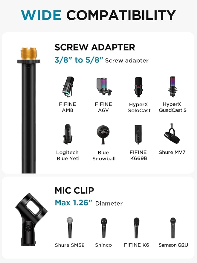InnoGear Adjustable Desk Microphone Stand, Weighted Base with Soft Grip Twist Clutch, Boom Arm, 3/8/'' and 5/8/'' Threaded Mounts for Blue Yeti and Blue Snowball, Kick Drums, Guitar Amps, Black | for Shure Fifine Guitar Amps, 4.4lb Weight Capacity, Arm... - Image 6