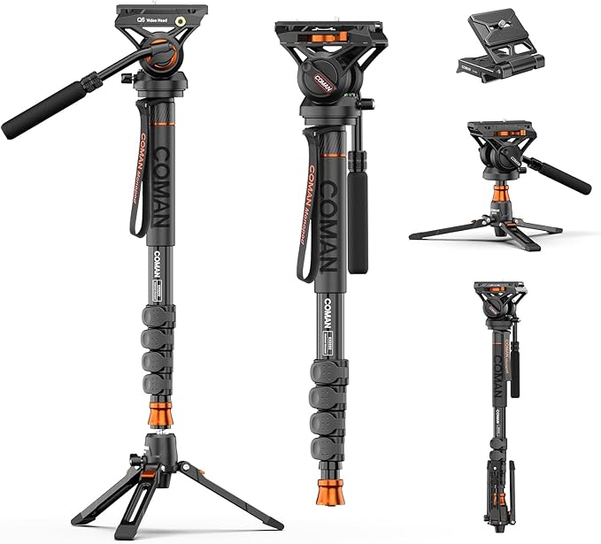 Professional Camera Monopod with Feet, 73.2 inch Aluminum Portable Travel Video Monopod with Removable Tripod Stand Base, Max Load 22 Lbs, New Q6 Fluid Head for DJI RS4 Manfrotto, KX3232Q6 by COMAN