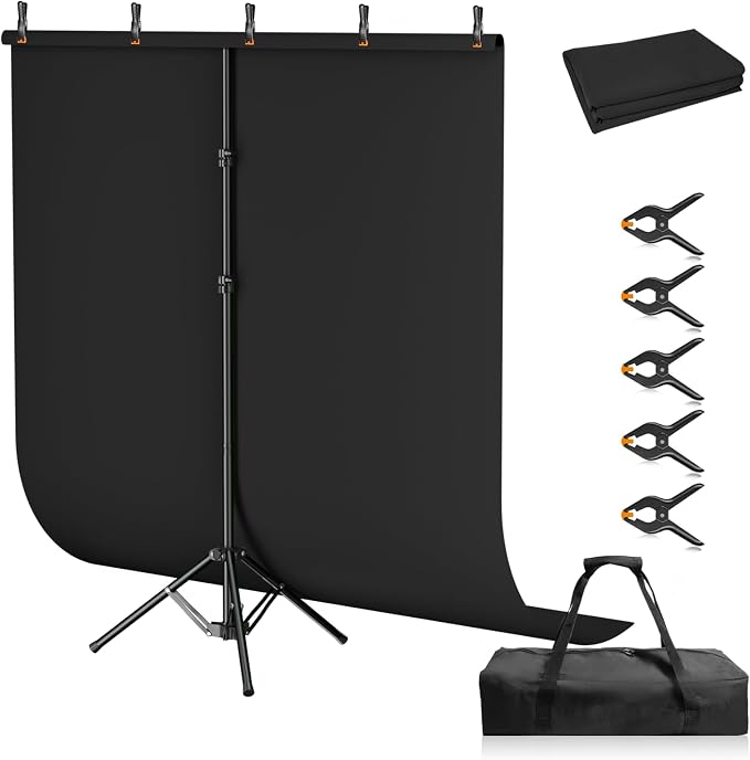 Black Background Backdrop Kit 5x7 ft with Foldable T-Shaped Stand | Portable Black Background with 5 Clamps, Carrying Bag for Parties, Streaming, Photography, Zoom, Gaming, Video Studio by Qoolfoto