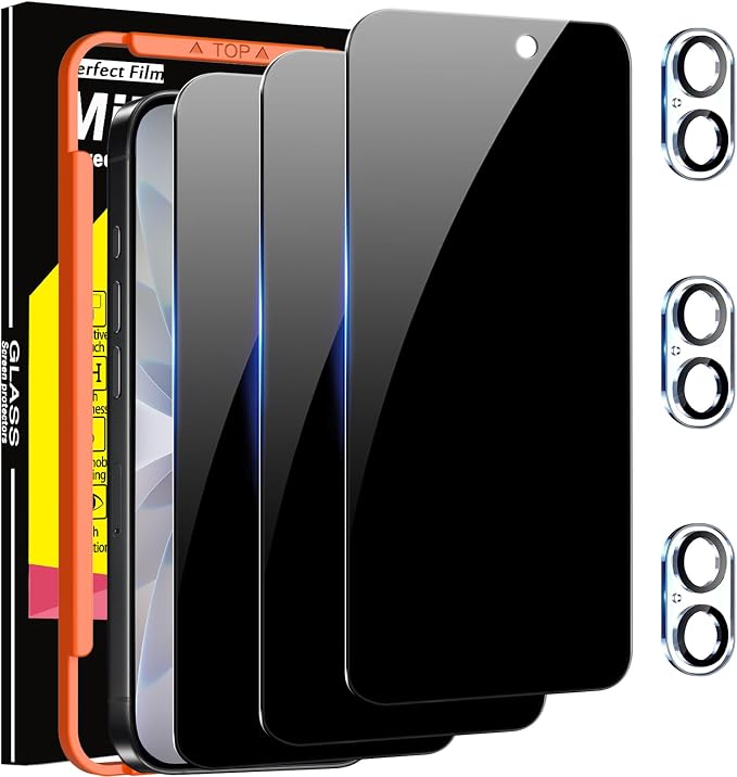Milomdoi Privacy Screen Protector for iPhone 17, Tempered Glass | 3+3 Pack, 9H+ Hardness, Camera Lens Protector, Military Grade Shatterproof, Easy Installation, No Bubbles, Case Friendly by Milomdoi