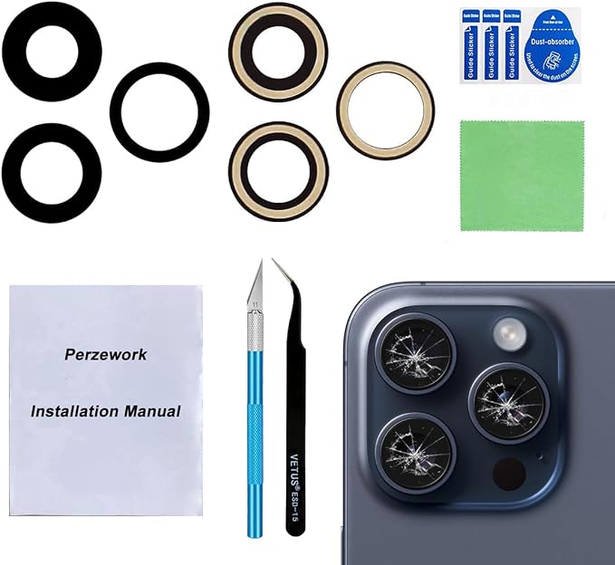2 Set Back Rear Camera Lens Glass Replacement for iPhone 15 Pro Max with Reparing Toolkit by Perzework