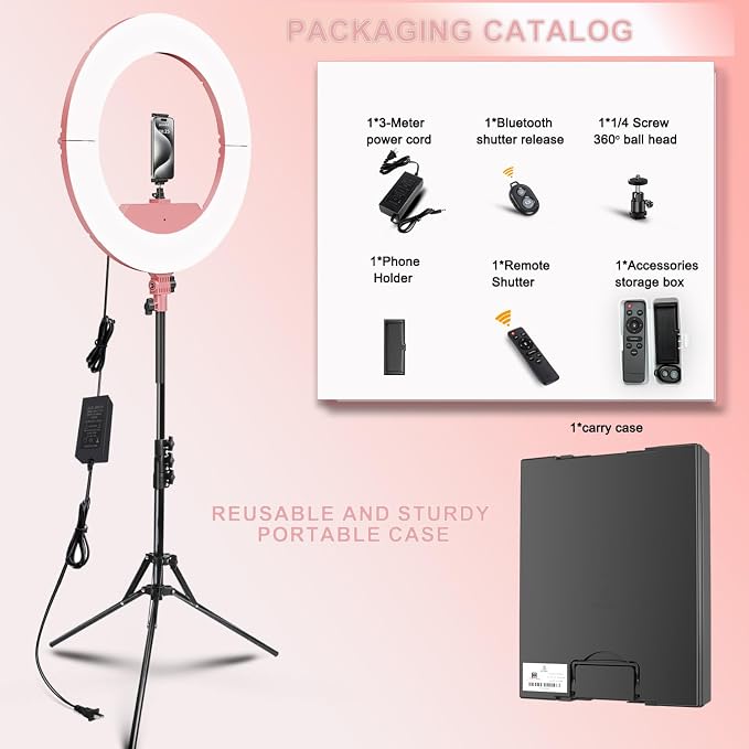 Ring Light 18 INCH Kit,55W6700k Dimmable LED Light, Tripod Stand, Remote Controller,Box for Camera,Smartphone,YouTube,TikTok,Self-Portrait Shooting,CRI95 (Pink) - Image 3
