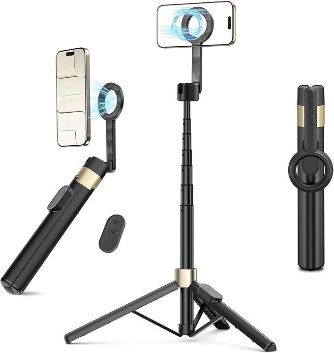 Vimose Magnetic Tripod for iPhone, Selfie Stick Monopod Tripod for Magsafe, 360° Rotatable Travel Tripod Heads Cell Phone Stand with Metal Ring & Remote, Compatible with iPhone Android, 60" by VIMOSE