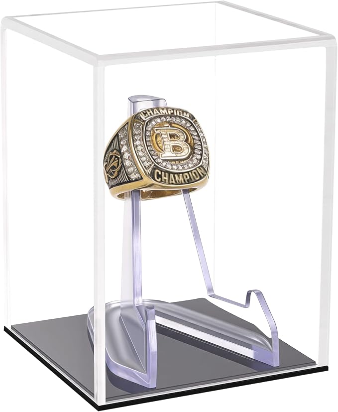 Clear Acrylic Championship Ring Display Case with Black Base, Memorabilia Stand Cube Holder, Dust Protective Transparent Storage Box for Single Rings Souvenir Ring Collections by Hxezoc