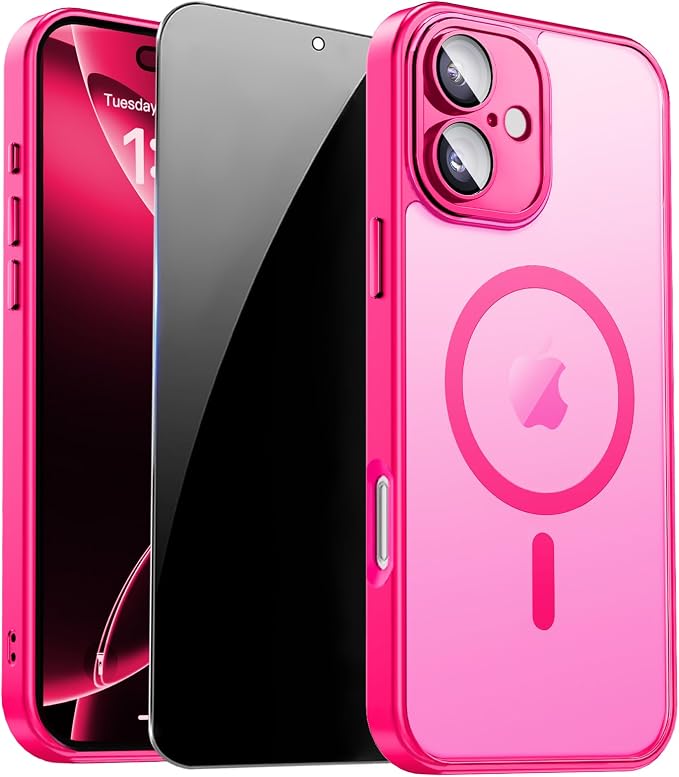 for iPhone 16 Plus Case with Privacy Screen Protector, Hot Pink | Full Camera Protection, Matte Translucent, Magnetic, Compatible with MagSafe, Shockproof Phone Cover for Women/Girls by ZOZDOKG