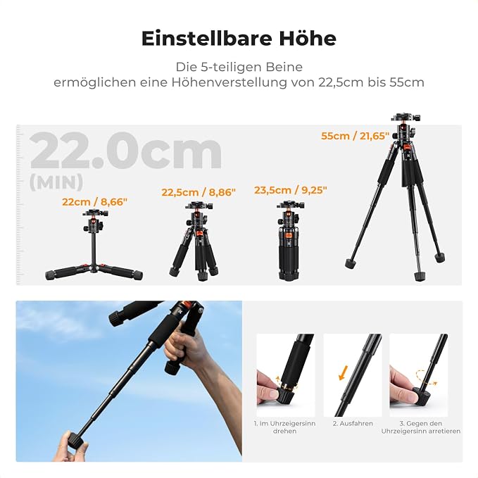 K&F CONCEPT 21.6'' Mini Desk Tripod. | Ball Head, Load up to 13.22 lbs/6 KG, 1/4 inch Quick Shoe Plate, Phone Holder, For DSLR Camera Phone. S225A0+BH-25L - Image 4