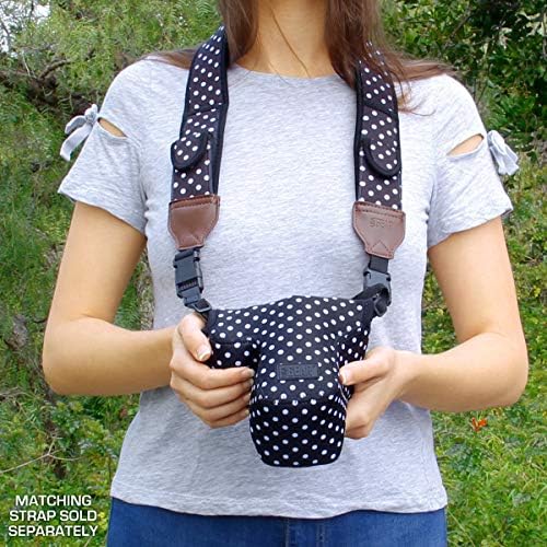 USA Gear Camera Sleeve (Medium) for Compact SLRs Compatible with Canon EOS R100 Nikon Z30 Sony ZV-E10, and more - Padded Neoprene DSLR Case with Zipper Accessory Pocket & Belt Loop (Polka Dot) - Image 4