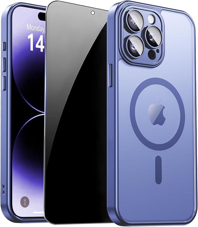 for iPhone 14 Pro Max Case with Privacy Screen Protector,Light Blue | Full Camera Protection, Translucent Matte Magnetic, Compatible with MagSafe, Shockproof Phone Cover, Slim Fit by ZOZDOKG