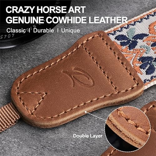 Padwa Lifestyle Camera Strap - 1.5" Crazy Horse Cowhide Head Cotton Strap,Vintage Embroidery Camera Straps for Photographers and All Cameras,Cute Adjustable Shoulder Neck Strap for Adults & Kids - Image 2