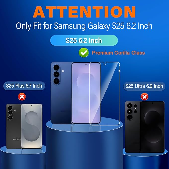 firtstnow 3 Pack for Samsung Galaxy S25 Screen Protector Tempered Glass + 3 Pack Camera Lens Protector, Military Grade Shatterproof, 9H Hardness, Fingerprint Unlock, Case Friendly 6.2 Inch - Image 2
