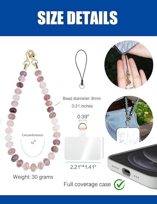 CH.yishi Crystal Beaded Phone Charm Wrist Strap Camera Lanyard | Handmade Cell Phone Chain,with Tether Tab,Keychain Bag Wallet Natural Stone Charm,Headphone Gemstone Decor,Camera Wrist Strap - Image 5