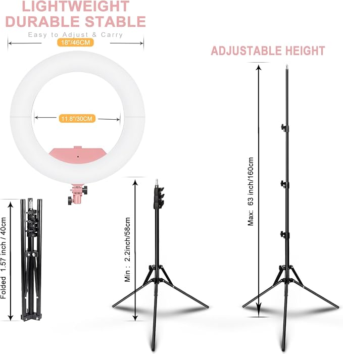 Ring Light 18 INCH Kit,55W6700k Dimmable LED Light, Tripod Stand, Remote Controller,Box for Camera,Smartphone,YouTube,TikTok,Self-Portrait Shooting,CRI95 (Pink) - Image 4