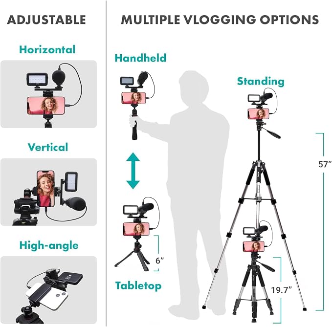 Movo USB-C Vlogging Kit for iPhone 15 with Fullsize Tripod - USB Type-C Compatible Vlog Kit- Accessories: Tripods, Phone Mount, LED Light, Shotgun Mic for YouTube Starter Kit - iPhone 15 Vlogging Kit - Image 4