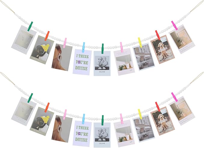 KLOGTSIND Hanging Photo Display, 2PCS Boho Wood Bead Garland Wall Decor | Photo Banner with 9 Wooden Clips for Bedroom, Living Room, Office, Dorm Decor, Pictures Postcards Holder Teen Girl Gifts by KLOGTSINDDirect