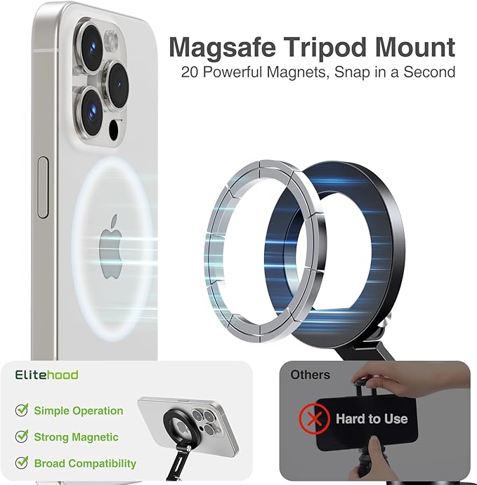 elitehood Magnetic Phone Tripod Mount with Arca Port & 1/4-20 for Magsafe | Aluminum Adjustable iPhone Tripod Mount Attachment for Professional Camera Tripod Video Recording, Streaming, Vlogging - Image 2