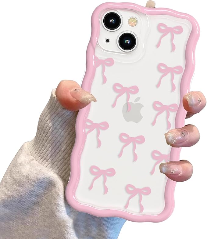QLTYPRI for iPhone 13 Pink Bow Case, Clear Cute Pink Ribbon Bow Phone Case Curly Wavy Aesthetic Phone Cover, Soft Slim Transparent TPU Shockproof Protective Cover for Women Girls - Ribbon Bow - Image 7
