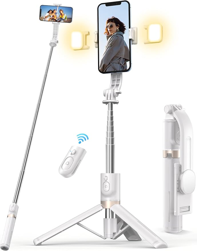45'' Selfie Stick with Light, Travel Tripod Essentials with Wireless Remote | Portable Cell Phone Tripod Stand, Beach Cruise Ship Essentials for family, Compatible with 4-7.2" All Smartphone by Pnitri
