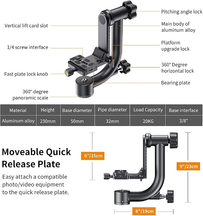 K&F CONCEPT Aluminum Alloy 360 Degree Panoramic Gimbal Tripod Head with 1/4'' Standard Quick Release Plate and Bubble Level,Load Capacity up to 20kg/44lbs | 1/4'' Standard Quick Release Plate, Bubble Level, Load Capacity up to 20kg/44lbs. TG06 - Image 5