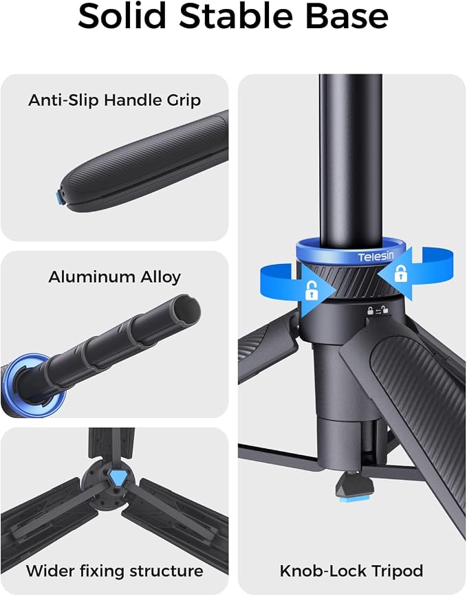 TELESIN 0.1s Auto Open Mini Selfie Stick Tripod for All Action Camera | 65cm/25.5in Tripod for DJI Osmo Action 6 5 Pro 4 3 Nano Pocket 4 3 GoPro HERO 13 12 Black Insta360 Luna Ultra X5 X4 Xtra Edge - Image 5