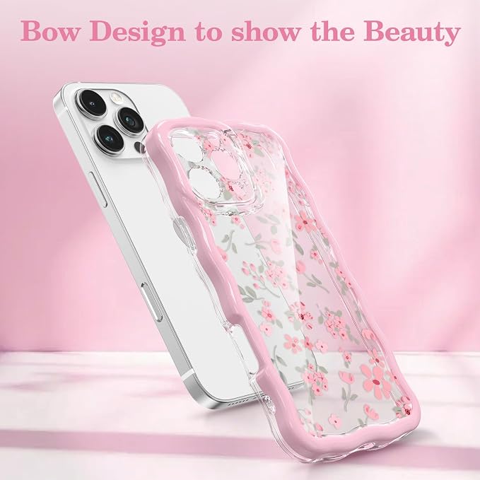 QLTYPRI for iPhone 15 Pro Max Pink Flower Case, Clear Cute Pink Floral Flower Phone Case Curly Wavy Aesthetic Phone Cover, Soft Slim Transparent TPU Shockproof Protective Cover for Women Girls - Pink - Image 2