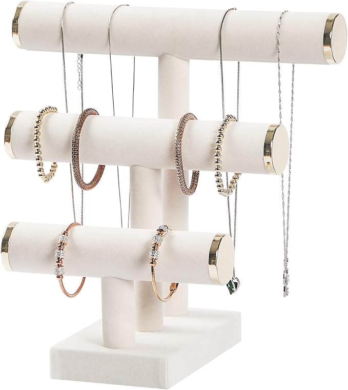 3 Tier Bracelet Holder,Bracelet Display Stand with Metal Cap,Beige White Velvet Jewelry Organizer Displays for Necklace Scrunchies Watches Hair Ties. (Pack of 2) - Image 2