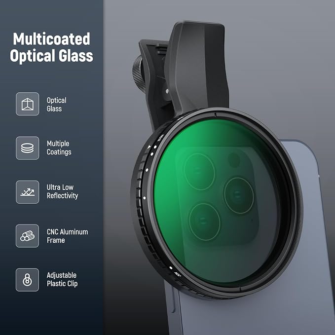 NEEWER 67mm Variable ND Filter Compatible with iPhone, Clip On ND2-32 Neutral Density Phone Lens Photography Accessories Kit Compatible with iPhone 17 16 15 Pro Max Plus 16e 14 13 mini, FL-B25 - Image 7