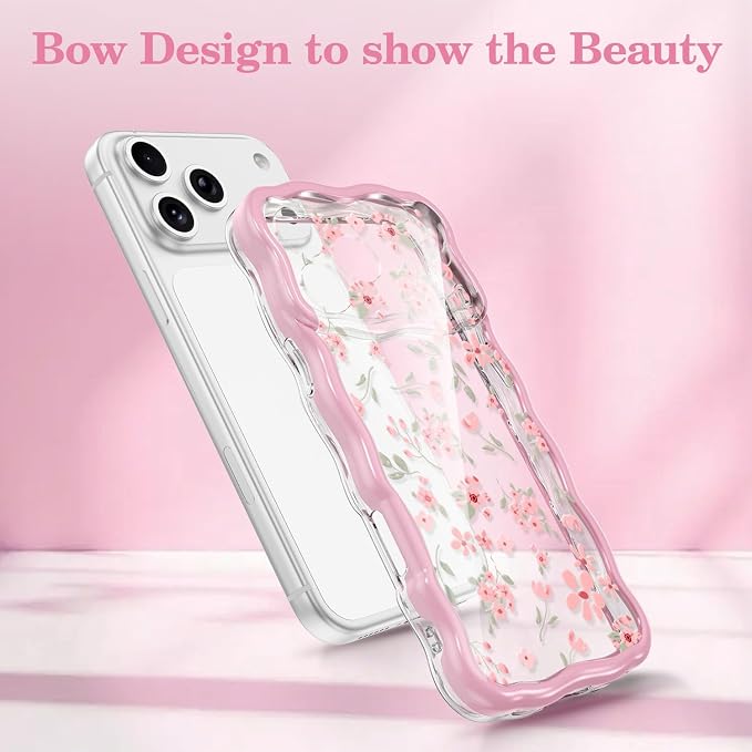 QLTYPRI for iPhone 17 Pro Max Pink Flower Case, Clear Cute Pink Floral Flower Phone Case Curly Wavy Aesthetic Phone Cover, Soft Slim Transparent TPU Shockproof Protective Cover for Women Girls - Pink - Image 2