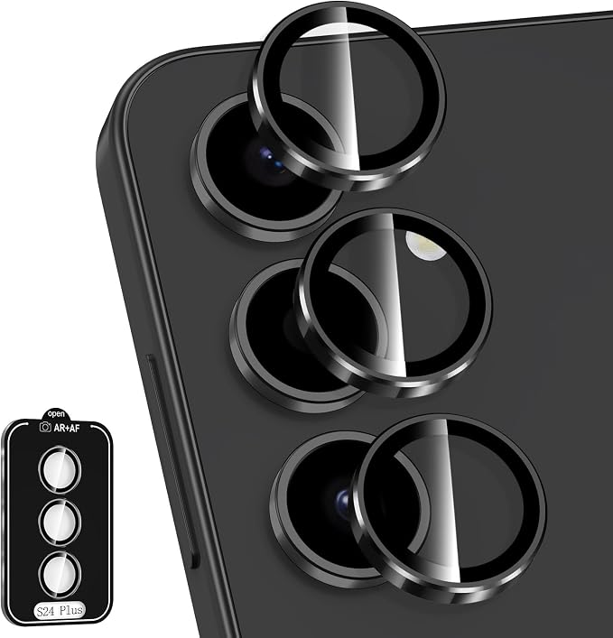 for Samsung Galaxy S24 Plus Camera Lens Protector, Individual Metal Ring Tempered Glass Lens Cover, [Strong Adsorption] Scratch Resistant Ultra-Thin HD Clear Lens Cover, 1 Set-Black Ring by Btscase
