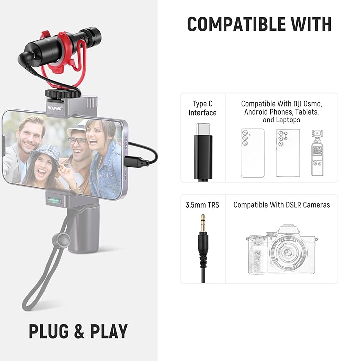 NEEWER Plug & Play Vlog Microphone, 20-20KHz Mini Supercardioid Mic with 3.5mm TRS, USB C OTG Cable, Shock Mount, Windscreen Compatible with iPhone 16 15 14 Samsung S24 Android Tablet Mac Camera, VM10 | 20-20KHz, Compatible with Sony Canon Nikon iPhone... - Image 4