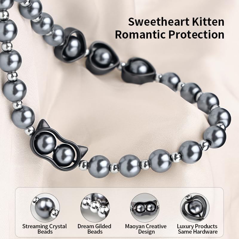 Phone Charm Beaded Strap Cute Cell Phone Wrist Straps String Accessories Hand Aesthetic Lanyard Wristlet Chain for iPhone 17 Pro Camera Case AirPods Bags Keychains Women Girls Gray Pearl - Image 4