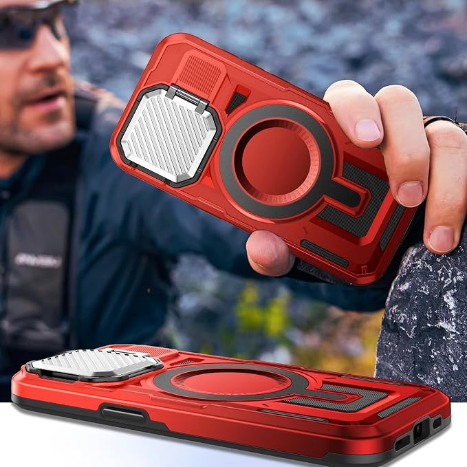 Camera Stand Case for iPhone 15, [Compatible with MagSafe] [Lens Cover] 2024 Version Military Grade Protective Soft Case for iPhone 15 6.1 inch Men Women, Red - Image 7