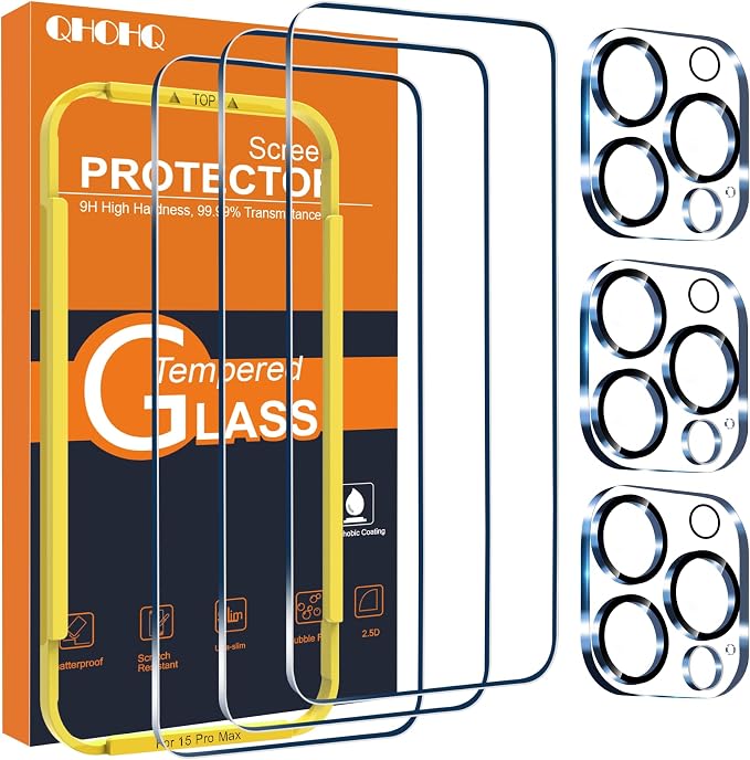 QHOHQ 3 Pack Screen Protector for iPhone 15 Pro Max [6.7 Inch] with 3 Pack Camera Lens Protector, Tempered Glass Film, HD Clear, 9H Hardness, No Bubbles, Case Friendly by QHOHQ
