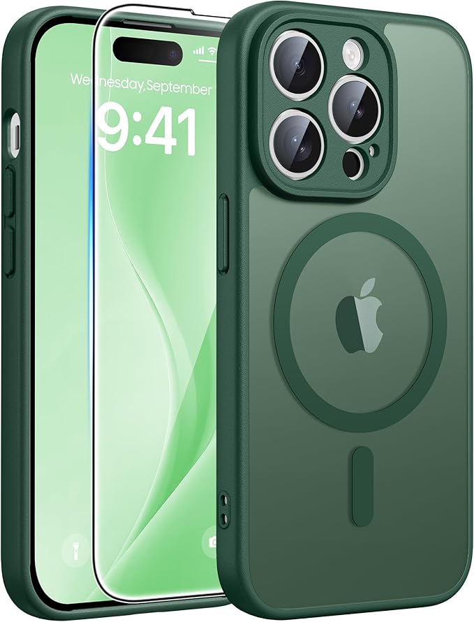 FNTCASE for iPhone 15 Pro Max Case, Fit for Magsafe, Glass Screen Protector | Full Camera Protection, Translucent Matte, 14FT Military Grade Drop Proof, Shockproof Protective Phone Cover, Green by FNTCASE