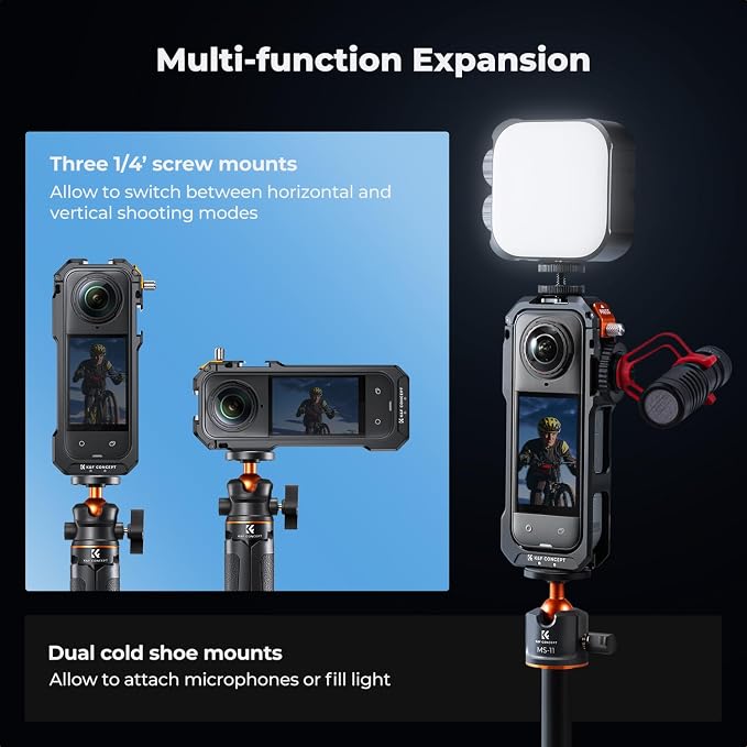 K&F Concept Camera Cage +Lens Cover + Screen Protector Kit for Insta360 X5 | Aluminum Alloy Protective Frame Case, with Quick Release&1/4" Screw Hole & 2 Cold Shoe Mounts for Microphone, LED Light -CI01 - Image 3