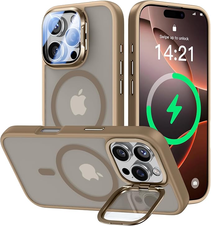 VOFATA [Upgraded] for iPhone 16 Pro Case with Camera Cover Stand [Fit for MagSafe][9H Camera Lens Protector] Mil-Grade Protection Translucent Matte Magnetic iPhone 16 Pro Phone Case, Rose Gold by VOFATA