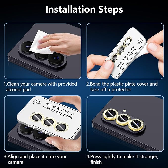 for Samsung Galaxy Z Fold 8 Ultra Camera Lens Protector, Individual Metal Ring Tempered Glass Lens Cover, [Strong Adsorption] Scratch Resistant Ultra-Thin HD Clear Lens Cover, 1 Set-Gold Diamond - Image 7